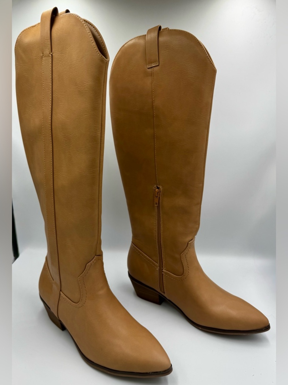 Tan Vegan Leather Western Boots Tall Pointed Toe Side Zip Size 8.5